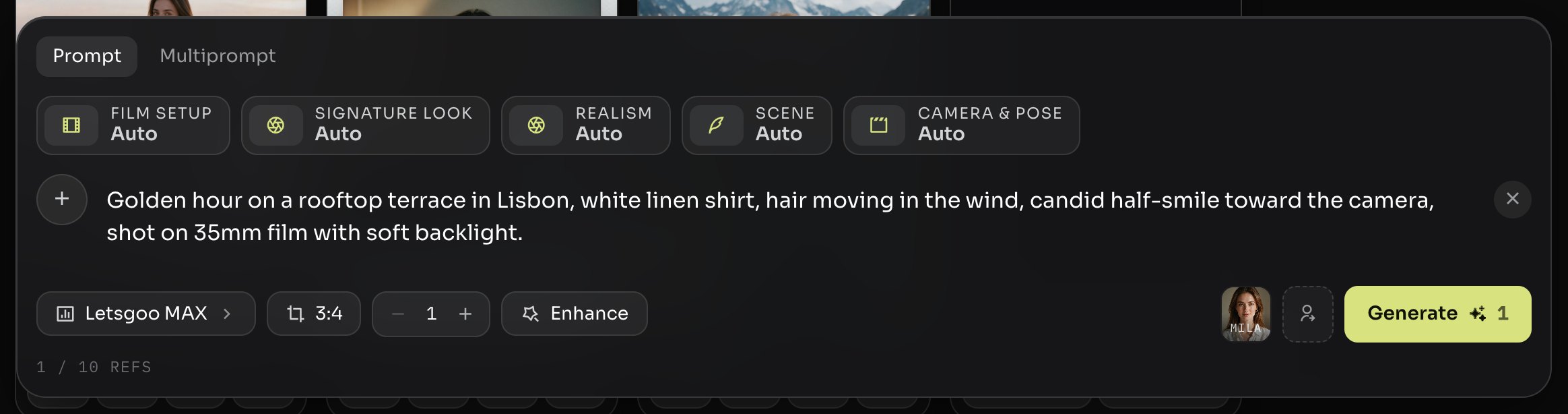 The composer with a written prompt, the setting chips and the Generate button
